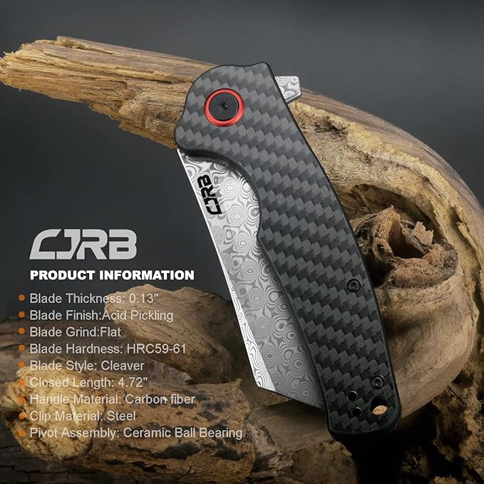 CJRB Crag Folding Pocket Knife, 3.43" Rose Damascus steel Blade Carbon Fiber Handle EDC Knife with Pocket Clip for Men Women Camping Survival Hiking, Damascus (J1904)