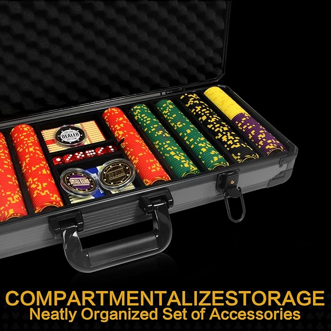 13.5 Gram Clay Poker Chip Set Texas Hold'em Casino Chips 2 Decks of Cards, Aluminum Case Dealer Buttons, for Blackjack Poker Games (500 PCE)
