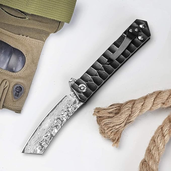 Damascus Folding Pocket Knife, Custom Tactical VG-10 Blade With Ball Bearing System for Outdoor, Camping, Hiking (Razor Model)