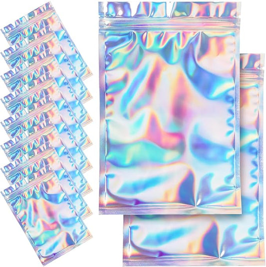 100 Pieces Resealable Smell Proof Bags - Foil Pouch Bags， Flat Clear Food Storage Plastic Packaging Foil Mylar Bags for Party Favor Food Storage (Holographic Color, 7x9 Inch)