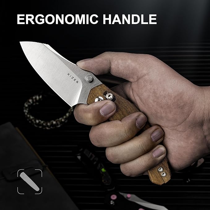 Kizer Bulldog Pocket Knife, 3 In Nitro V Blade Folding Knife Mkuruti Wood Handle Camping Hunting Knife with Reversible Clip, Clutch Lock Small EDC Knives for Men Women V3672A2