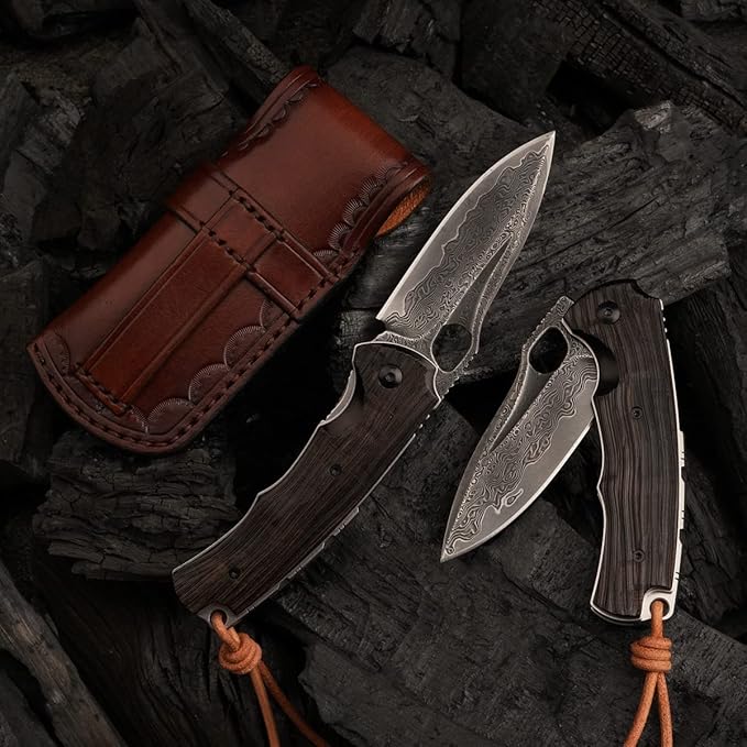 Folding Knife 3in Handmade VG 10 Damascus Steel Knife Pocket Knife, Leather Case, Ebony Handle, with Padded Lock, Suitable for Outdoor Camping Fishing and Carrying Knives