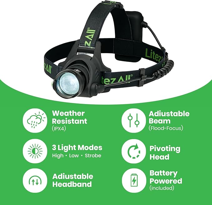 LitezAll LED Headlamp Work Light, 800 Lumen Adjustable Battery Powered Head lamp with 3 Modes, Weather Resistant Head Lamps Flashlight for Camping, Running, Hiking, Hard Hats ??Batteries Included