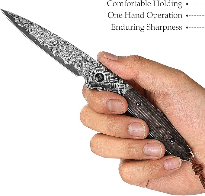 3.15" Handmade Damascus Folding Pocket Knife，EDC Knives Gift for Men，Tree Texture Ebony wood Handle，Ceramic Bearings，Thumb Stud, Steel Bolster, Liner Lock.Piscis Austrinus-01E