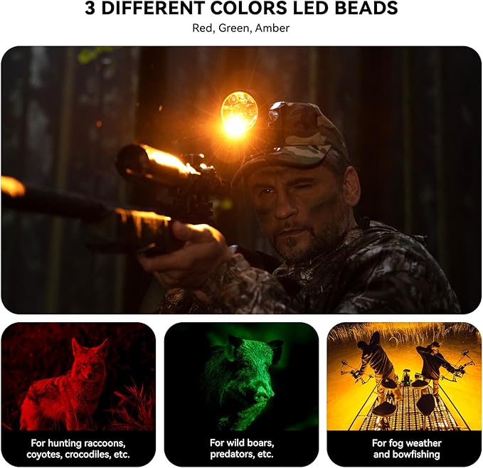 10W Coon Hunting Lights, 45000LUX Hunting Headlamp for Coyotes Hog Predators, Rechargeable & Waterproof, 6 Lighting Modes, 4 Powerful LEDs (White Red Green Amber) for Night Working