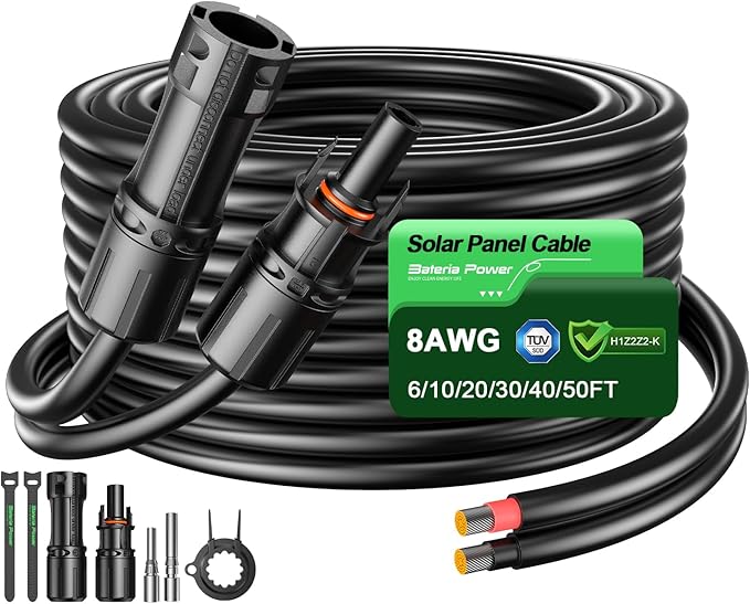 Bateria Power 10 Feet 8AWG Solar Panel Extension Cable, 10mm² Twin Wire Conductor Parallel Solar Wire Adapter Kit with Waterproof Female & Male Solar Connectors for RV, Marine, Photovoltaic Systems