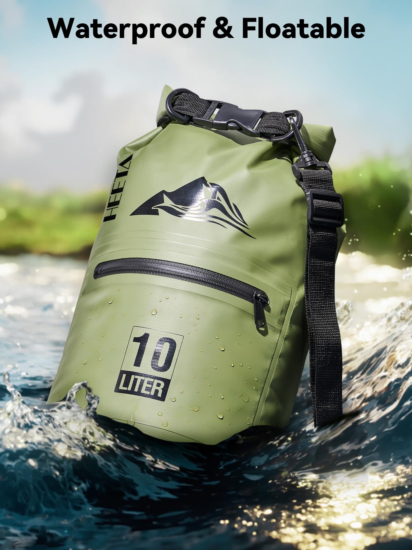 HEETA Waterproof Dry Bag Backpack with Zippered Pocket (Green, 10L)