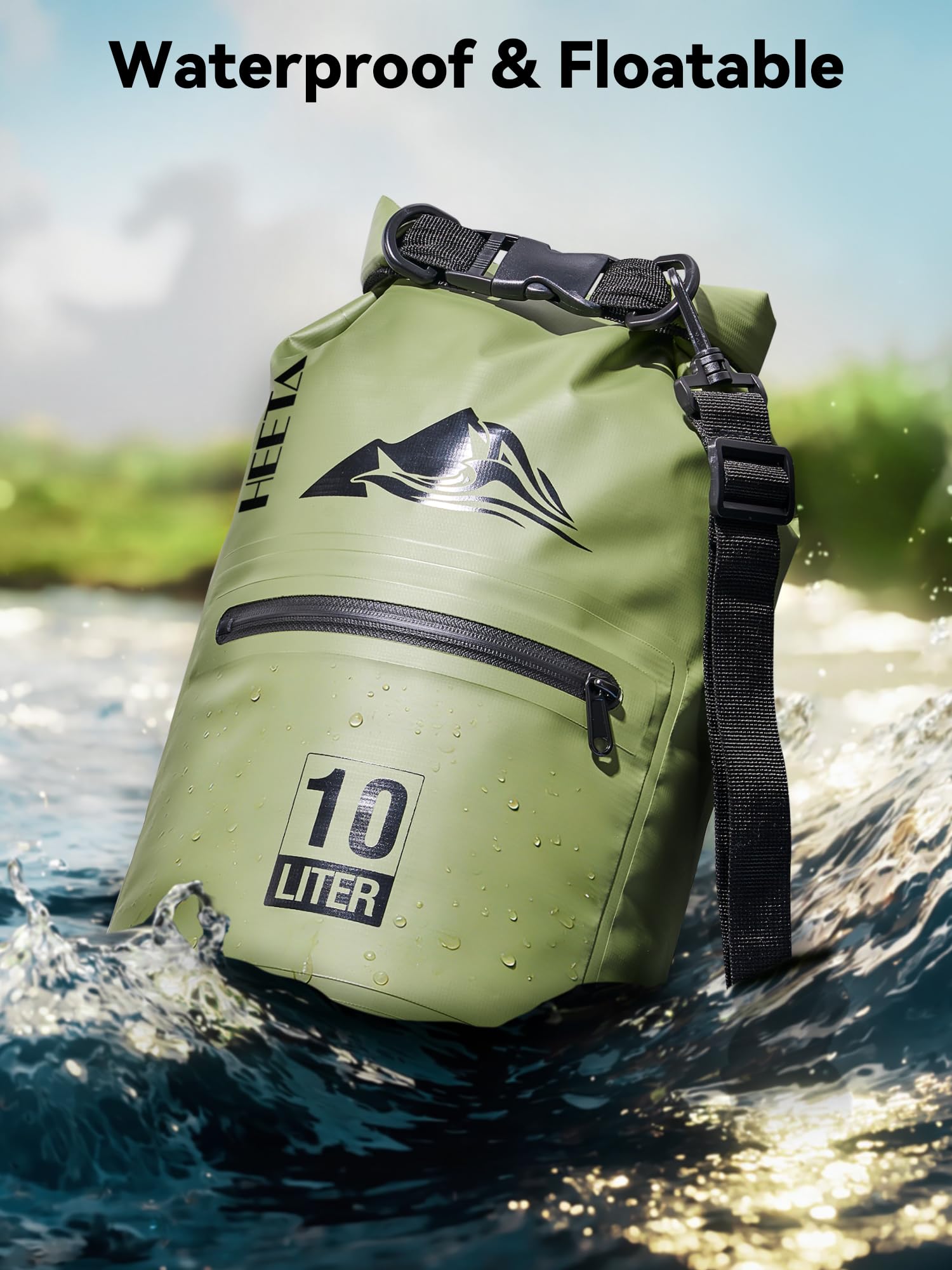 HEETA Waterproof Dry Bag Backpack with Zippered Pocket (Green, 10L)