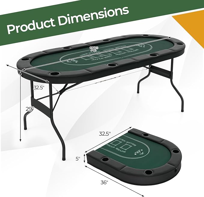 Goplus 72” Poker Table Foldable, 8 Players Card Board Game Table w/Deep Metal Cup Holders, Casino Grade Felt, Portable Folding Oval Blackjack Table for Texas Holdem, No Assembly Required (Green)