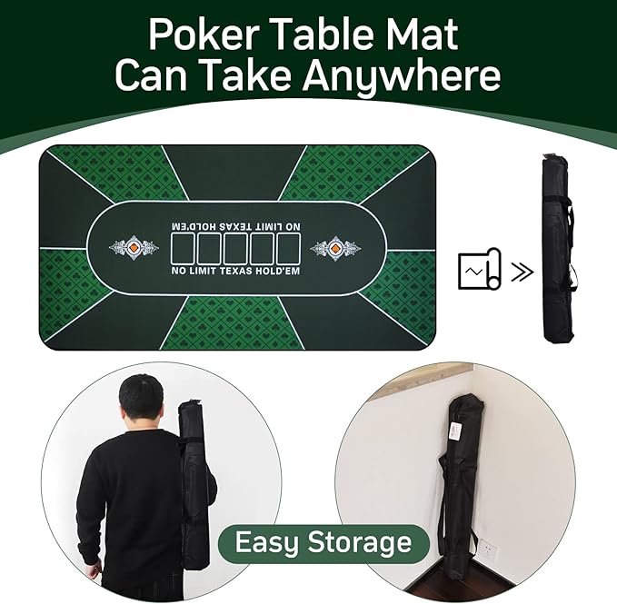 CONTINUE Upgraded Waterproof Poker Mat for 6 Players - Texas Hold'em & Blackjack - Anti-Slip Rubber Table Top Layout with Carrying Bag (47 x 24)