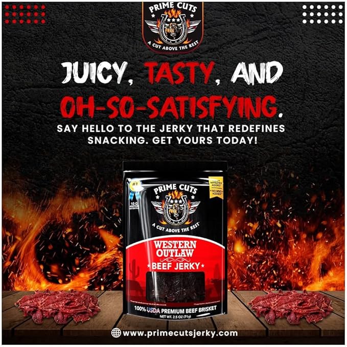 Prime Cuts Western Outlaw Beef Jerky | USDA Prime Brisket | Smoky Cowboy-Style Flavor | High-Protein, Low-Fat Snack | Crafted for Adventure | Authentic Taste of the American Frontier