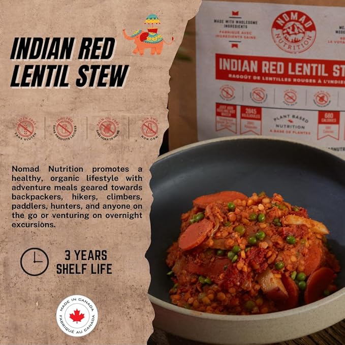 Nomad Nutrition ??Indian Red Lentil Stew | High Energy, All Natural Ingredients | Plant-Based & Non-GMO| Just Add Boiling Hot Water | 112g / 4oz (Pack of 1)