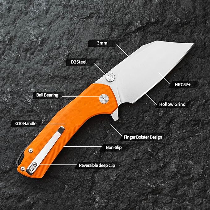 ioko Folding Pocket Knife, 3.5-Inch D2 Steel Blade, G10 Handle, EDC Camping Survival Knife with Clip (Orange)