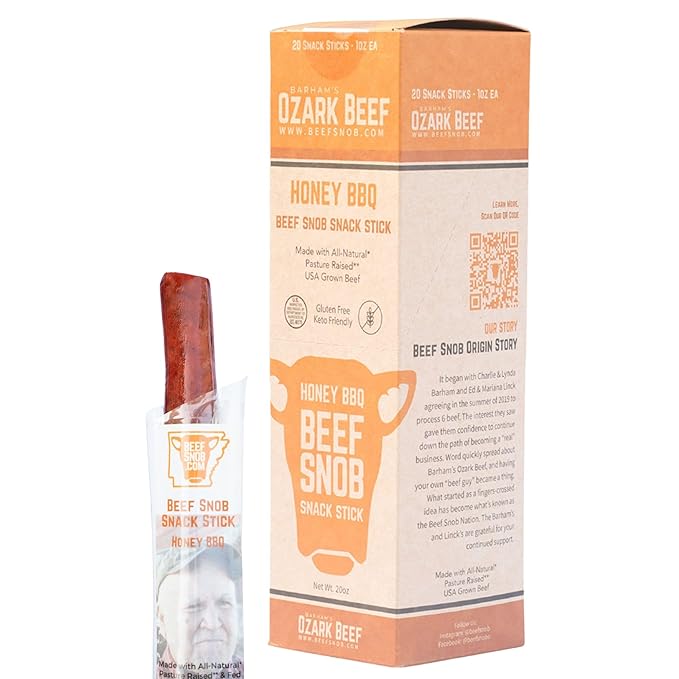 Beef Snob Snack Sticks - Honey BBQ Flavor - 1 Ounce Snack - 20 Meat Sticks Per Box - High Protein Snack, Keto Friendly, Gluten Free Jerky Sticks