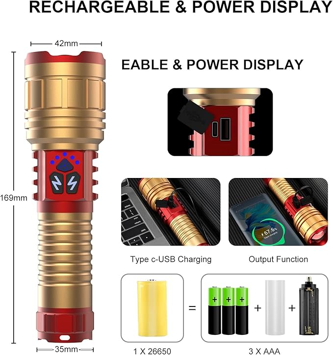 3 in 1 Rechargeable Flashlight True 5000 Lumens Outdoor Strong Cob Light, 5000mAh Zoomable Beam LED Flash Light with Magnet Power Failure Emergency Survival Kits Snowstorm (6 in 1)