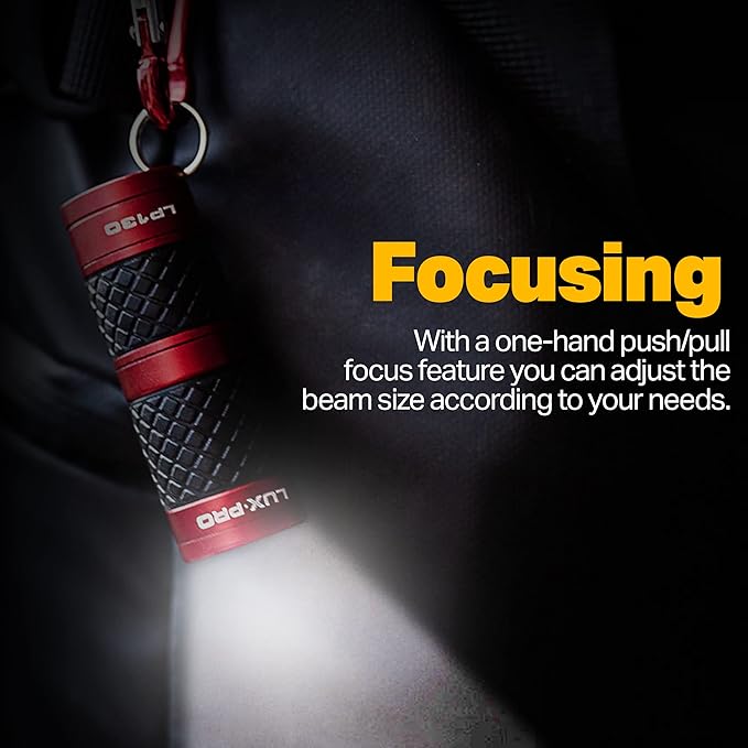 LUXPRO 40 Lumen Keychain Focus Mini LED Flashlight - Features Aircraft-Grade Aluminum and Rubber Grip - Gift for Kids with a Matching Carabiner Clip - Batteries Included - 4 Pack