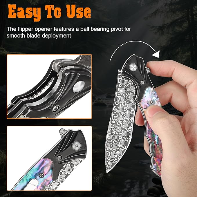 AUBEY Damascus Pocket Knife for Women Men, 3.43" VG10 Damascus Steel Blade Knife with Clip, EDC Folding Knives with Abalone Shell Handle, Gift for Camping Outdoor Hunting Hiking Collection