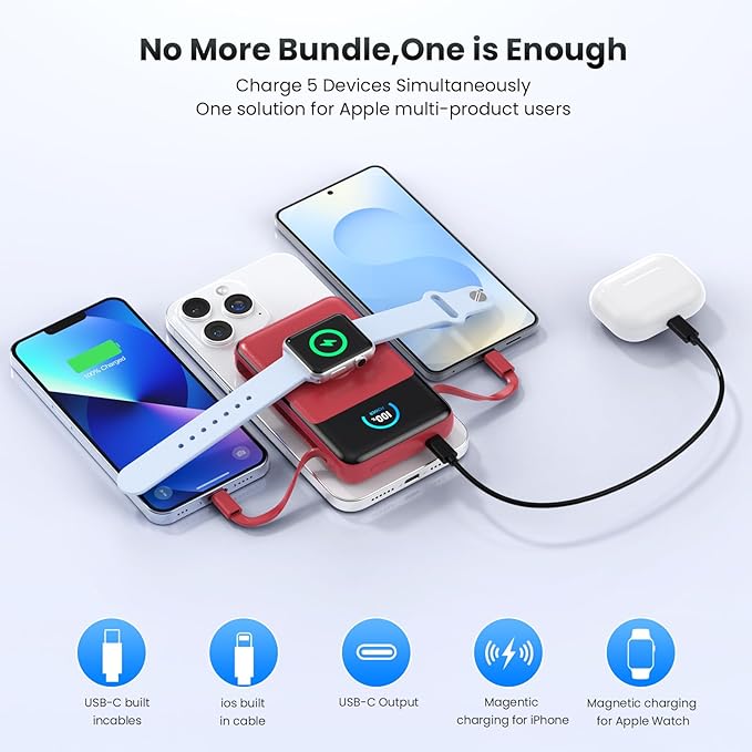 Magnetic Portable Charger 10800mAh with Built-in Cables,5-in-1 Qi2 Certified 15W Wireless Power Bank with iWatch Charger,30W PD Fast Charging USB-C Battery Pack for iPhone 17/16/15/14/13/12 Series-Red