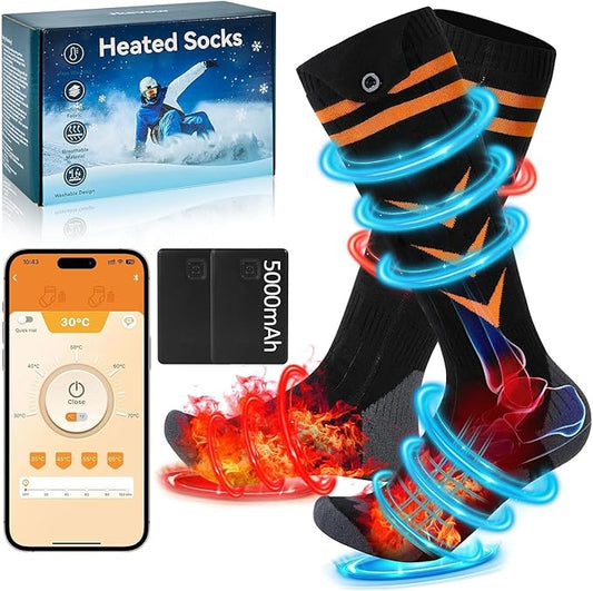 Heated Socks, Rechargeable Electric Heating Socks 5000 mAh with 4 Levels of Temperature Settings & APP Control, Winter Foot Warmer for Men Women Outdoor Skiing, Winter Camping, Hiking