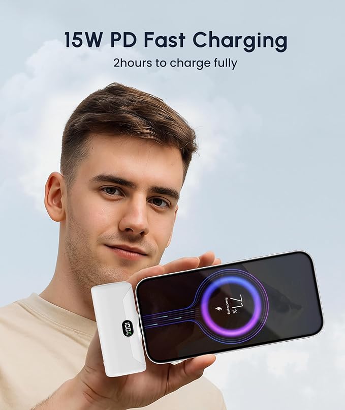 White USB C Power Bank for iPhone 15 Pro,[100%-0 Digital Display]Lightweight 5000mah Ultra-Compact Portable Battery Charger with Stand, SOS Mini Light Emergency Battery Bank for Android Phones