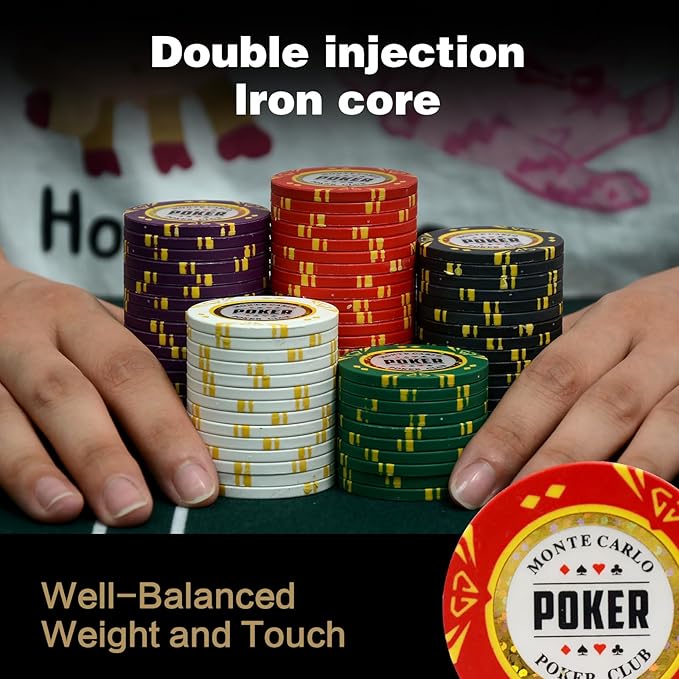 14 Gram Clay Poker Chips Set - Texas Hold'em 300 PCS Blank Chips with High-End Case & Poker Accessories for Blackjack & Poker Games