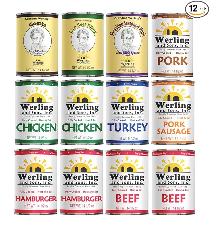 Werling & Sons Canned Meat Variety Pack 14.5 oz – Fully Cooked & Ready to Eat | 2 Beef, 2 Chicken, 2 Hamburger, 1 Turkey, 1 Pork, 1 Shredded Pork, 1 Goetta, 1 Sausage, 1 Taco | Pantry Staples, Emergency Food, Camping Meals | Pack of 12
