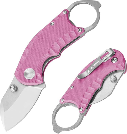 FLISSA 4" Small Folding Pocket Knife, Lightweight Utility Knife, Pink G10 Handle, EDC Pocket Knife with 8Cr13MoV Steel Blade, Carry Pocket Clip, Bottle Opener and Flat Head Screwdriver, Liner Lock