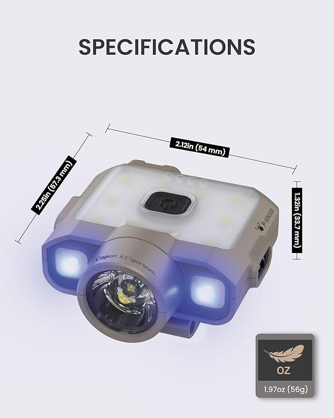 Claymore Capon 120D UV (Tan) - LED Rechargeable Clip-On Cap Headlamp, Lightweight Hat Light for Camping, Running, Hiking, Emergency & Industrial Use, Waterproof, Up to 45 Hours of Battery Life.