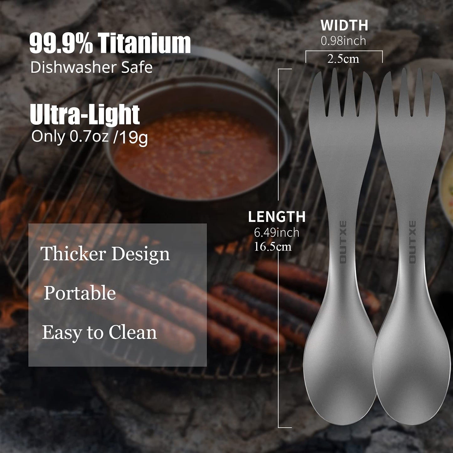 OUTXE Titanium 2 in 1 Fork and Spoon Combo 2-Pack Ultra Lightweight Camping Utensil, Eco-Friendly