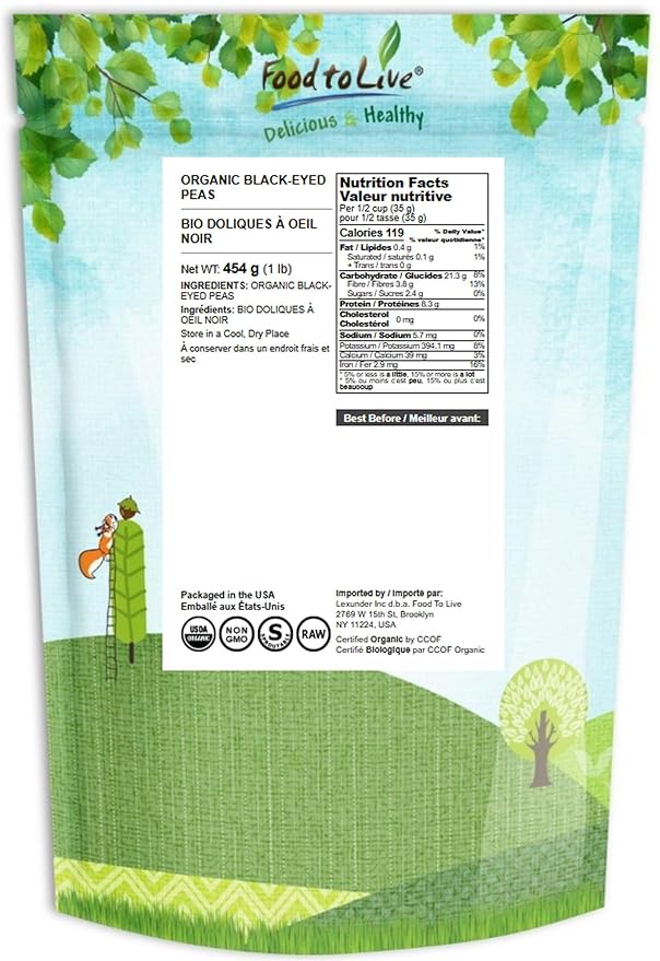 Food to Live Organic Black-Eyed Peas, 1 Pound ??Raw Dried Cow Peas, Non-GMO, Bulk Beans, Product of the USA
