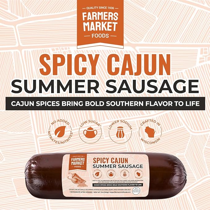Farmers Market, Gluten Free, Keto, Paleo, Low Sodium, Zero Sugar, Summer Sausage Gift Set, 2-Pack, Spicy Cajun