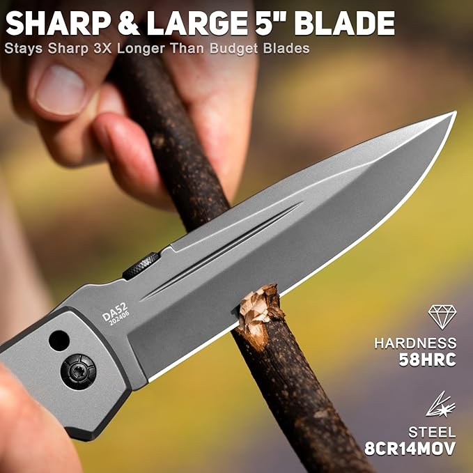 NedFoss DA52 Pocket Knife for Men, 5'' Large Folding Knife, 11'' Survival Knife with Rosewood Handle, Safety Pin, Pocket Clip, Liner Lock