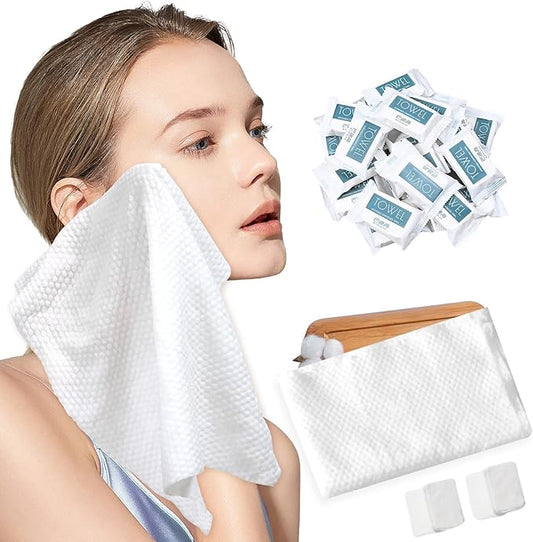 Disposable Compressed Face Towels, 28 Pack Individually Wrapped, 11.8" × 9.5" Pure Cotton Travel Towels, Quick-Expand, Ultra Absorbent & Thickened Portable Towels