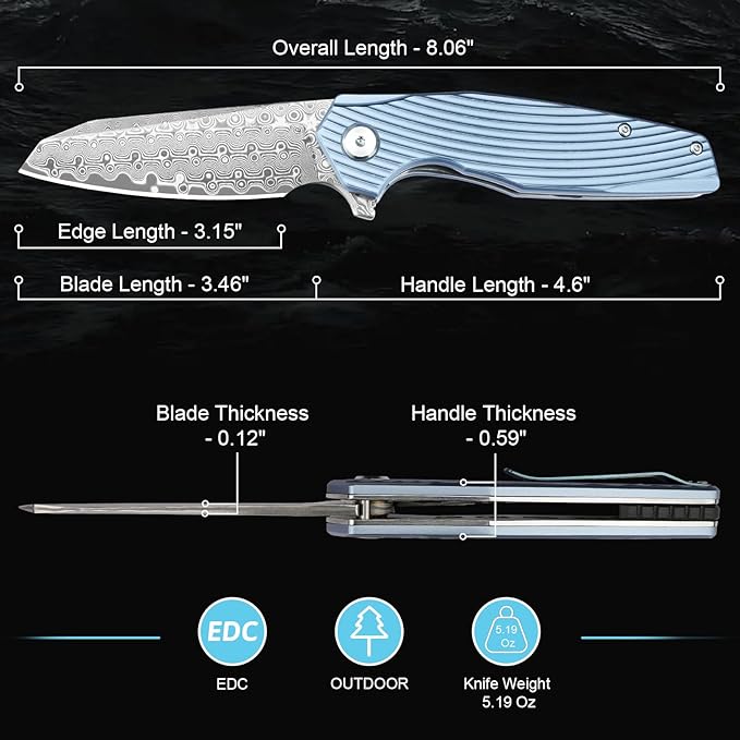 Damascus Pocket Knife 3.46" Damascus Steel Blade EDC Pocket Knives & Folding Knives for Men Women Blue Non-Slip Handle