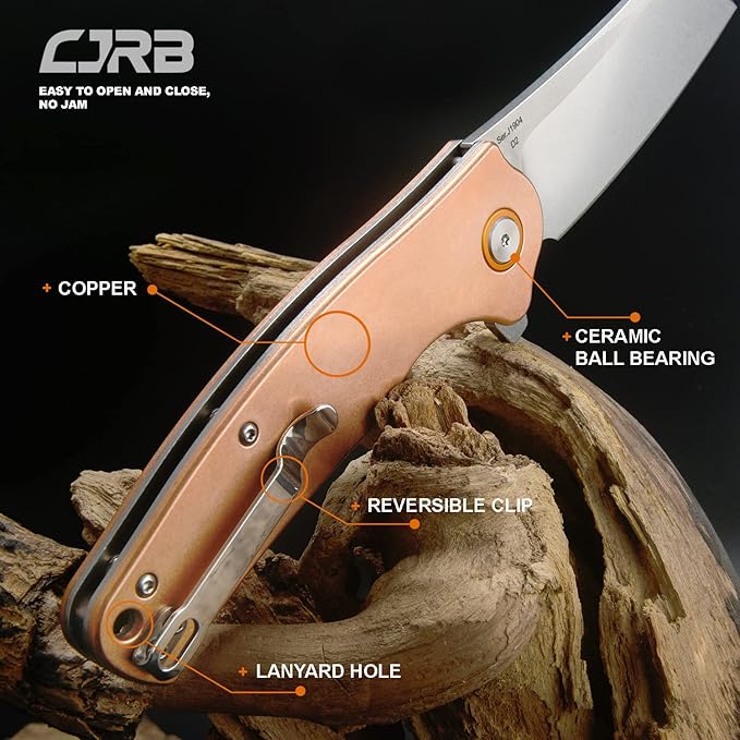 CJRB Crag Folding Pocket Knife, 3.43" D2 Steel Blade Copper Handle EDC Knife with Pocket Clip for Men Women Camping Survival Hiking, Stone Wash (J1904)