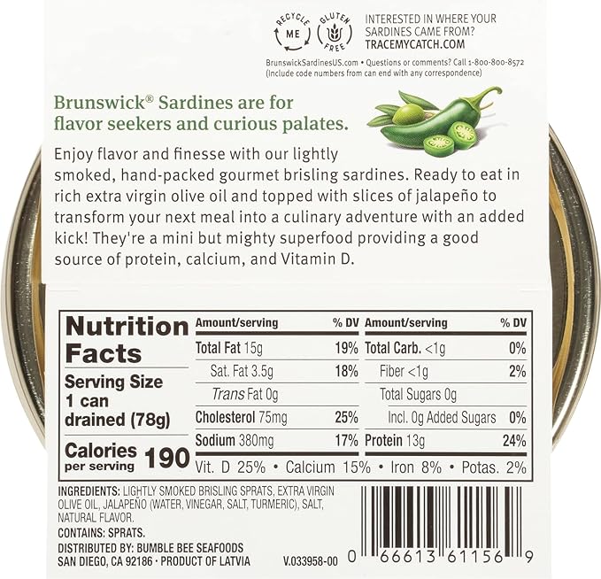 Brunswick Wild Caught Gourmet Brisling Sardines in Extra Virgin Olive Oil Topped with Jalapeño Slices, 4.23 oz Can - Wild Caught Sardines - 13g Protein per Serving - Gluten Free, Keto Friendly