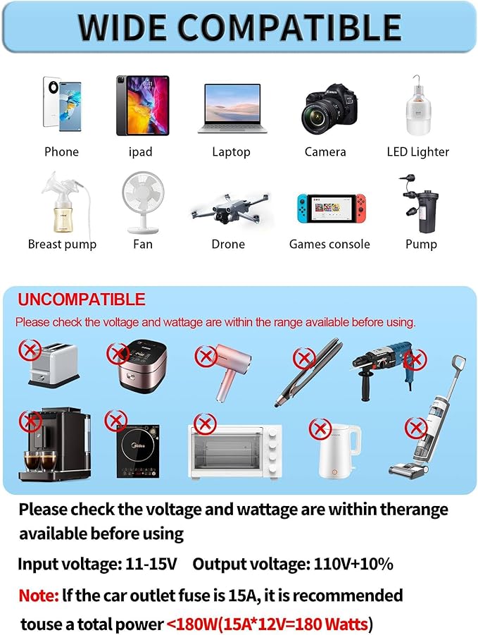 1000 Watt Inverter 12V DC to 110V/120V AC 60HZ 2000 Watt(Peak) Car Power Inverter with 2 AC Outlets & Dual USB Ports for Car Vehicle Truck Camping