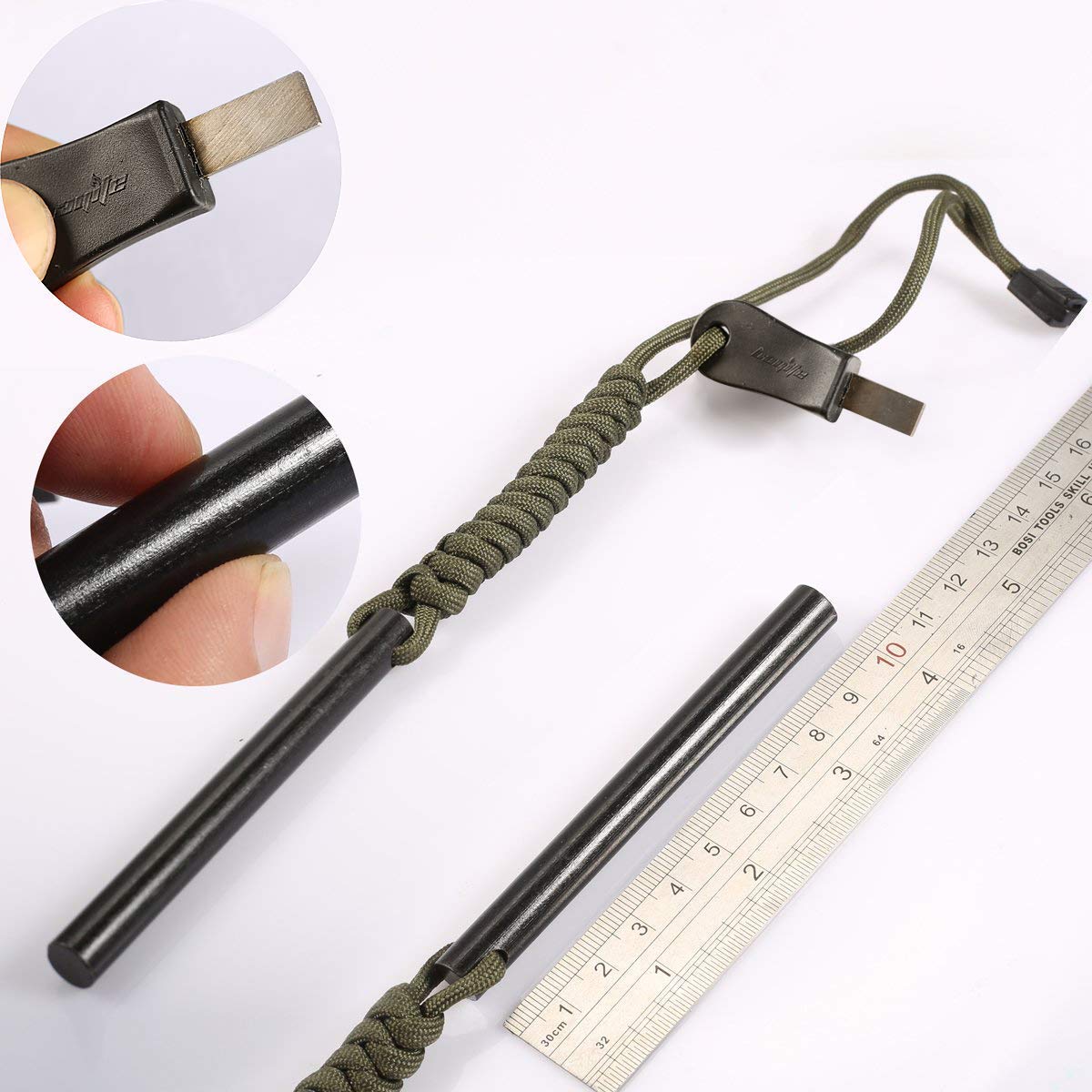 bayite 4" Survival Ferro Rod Drilled Flint Fire Starter and Striker Kit