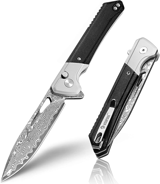 NedFoss ELF Damascus Pocket Knife for Men, 3.3" Button Lock EDC Folding Knife with G10 Handle, Flipper Open, Reversible Deep Carry Pocket Clip, Lightweight Slim Utility Cool Knives for Women