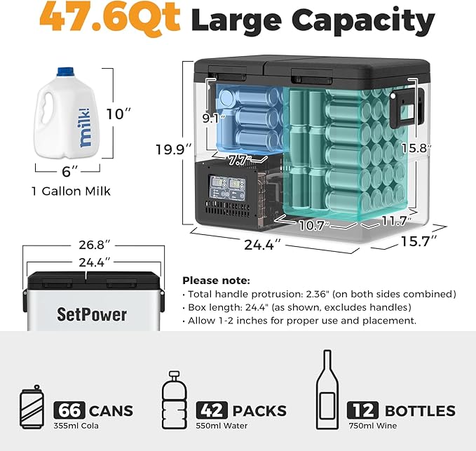 Setpower PT45 Electric Cooler Car Refrigerator,45L Dual Zone Portable Freezer Fridge,Portable Car Fridge,12 Volt Refrigerator for Car,Truck,RV,Vehicles,Travel and Home Use,0℉-50℉