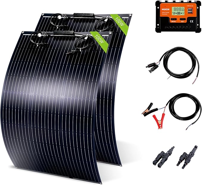 200W Flexible Solar Panel Kit Lightweight Monocrystalline Ultra-Flexible Bendable Mono Off-Grid Charger with 30A Charge Controlle for 12-24V Battery Charging Car Battery Camping Stuff