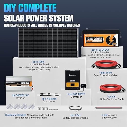 [Ultra] ECO-WORTHY 1200W 24V 5.52KWH Lithium Battery Solar System Off Grid:6pcs 195W Solar Panels+2Pcs 12.8V 280Ah Lithium Battery+60A MPPT Charge Controller+3000W Pure Sine Wave Inverter