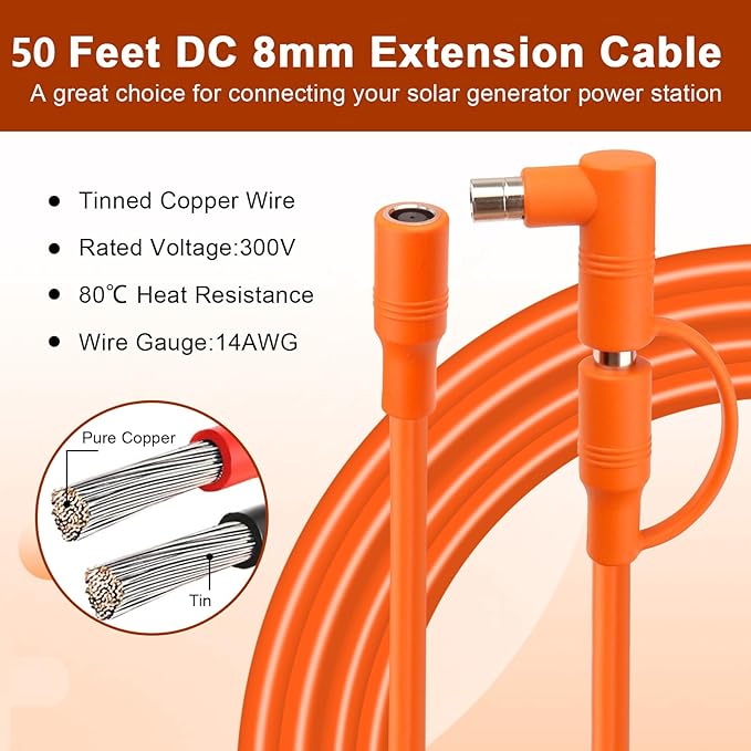 14AWG DC 8mm Extension Cable for Solar Panel 50FT,DC7909 Solar Panel Cable Female to Male with DC8020 Male Adapter Compatible with Aker,GZ Yeti,BLUETT,Jackery Portable Power Station - 50 Foot