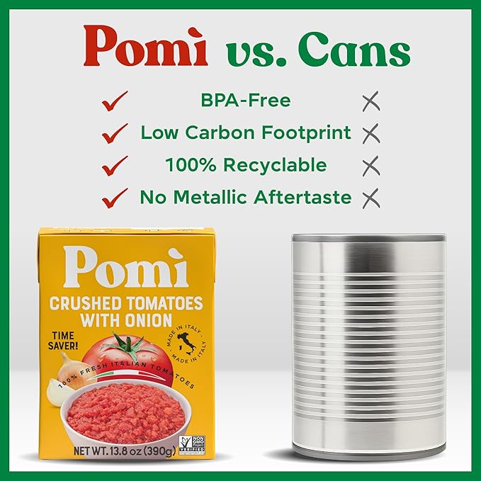 Pomì Crushed Tomatoes with Onion 13.8oz (Pack of 12) - Creamy, Velvety Italian Tomato Sauce No Salt Added, No Additives or Preservatives - BPA free Tomato Crushed - Made from 100% Fresh Italian Tomatoes