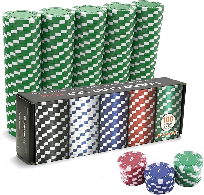 100PCS Green Casino Poker Chips Set, 11.5 Gram Plastic Clay Blank Game Chips for Poker Card Games Texas Holdem Blackjack Gambling (with Gift Box)