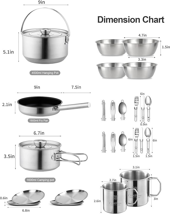 CampPro Camp Cooking Set for 4-8, Stainless Steel Camping Cookware Set, Camping Equipment with Carring Bag, Camping Pots and Pans Set for Campfire Cooking & RV & Backyard Picnic