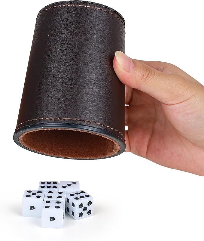 Felt-Lined PU Leather Dice Cup Set, 6 Quiet Dice Shaker Cups with 36 Dices for Bar Party Yahtzee Farkle Dice Games, Coffee