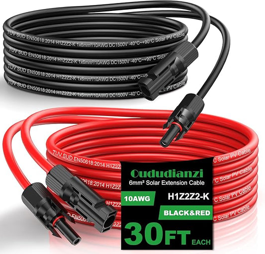 Oududianzi Solar Extension Cable 30Ft 10AWG, Solar Wire, 10 Gauge Tinned Copper PV Wire, Solar Panel Cables with Waterproof Male and Female Connectors for Home Boat RV Solar Photovoltaic Systems