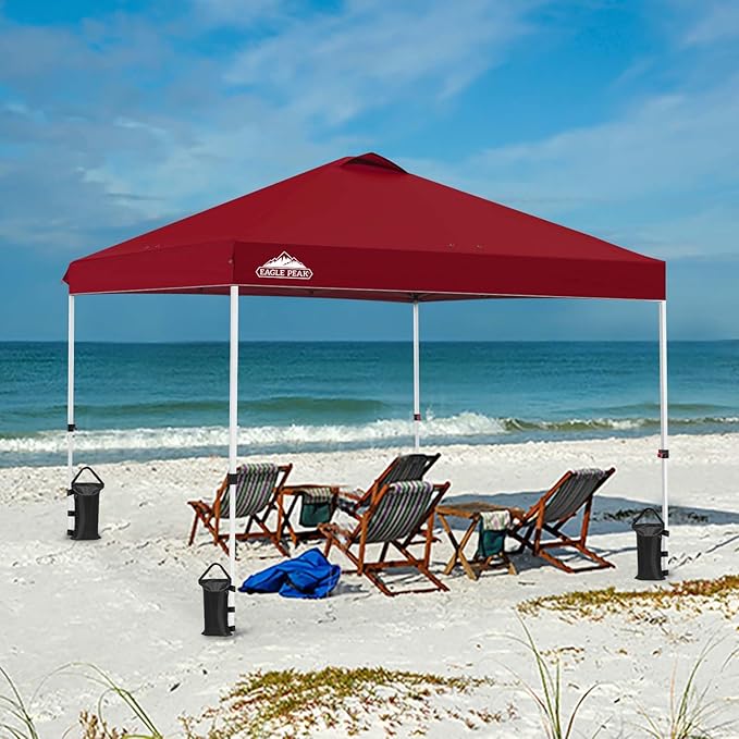 EAGLE PEAK Pop Up Canopy Tent with Wheeled Carry Bag, 8 Stakes, 4 Ropes, 4 Weight Bags, Easy Set Up Tent Canopy, 10x10 ft, 100sqft of Shade, Burgundy