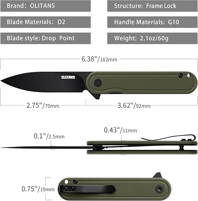 G040 Pocket Knife, 2.75'' D2 Steel Blade G10 handle, Small EDC Knife with Pocket Clip for Men Women, 2.1oz